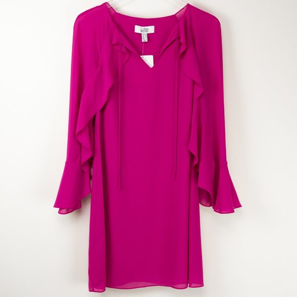 Belle Badgley Mischka Midi Dress Waterfall Ruffle Sleeve Barbie Pink Size 2 New